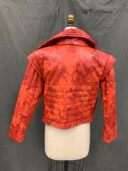 N/L, Red, Dk Red, Faux Leather, Camouflage, Crossover Open Front, Stripe Quilted with Fill, Drawstring Waist, Oversized Collar, Cap Sleeve Over Long Sleeves. 2 Pockets
