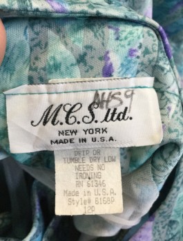 MCS LTD, Aqua Blue, Slate Blue, Gray, Purple, Polyester, Abstract , Stripes - Vertical , 3/4 Sleeves, U-Neck, Padded Shoulders with Single Pleat at Each Shoulder, Elastic Waist, Pleated Skirt/Bottom, Knee Length,