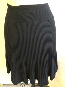 Womens, Skirt, Below Knee, REBECCA TAYLOR, Black, Rayon, Polyester, Solid, S, 3" Horizontal Knit Ribbed Waistband and 1" Hem, Gradually Larger Vertical Ribbed Skirt