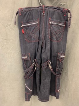 Mens, Casual Pants, TRIPP NYC, Black, Cotton, Solid, 36/29, Zip Fly, Drawstring Waist, 6+ Pockets, 2 Cargo Pockets, Red Stitching, D-Rng Straps From Waistband, Multiple Straps Dangling Around Knees, Tab Buckles on Side Waistband