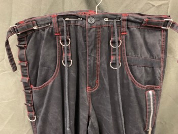 TRIPP NYC, Black, Cotton, Solid, Zip Fly, Drawstring Waist, 6+ Pockets, 2 Cargo Pockets, Red Stitching, D-Rng Straps From Waistband, Multiple Straps Dangling Around Knees, Tab Buckles on Side Waistband