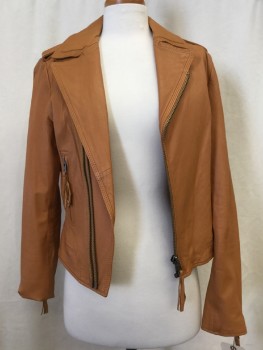 JOIE, Brown, Leather, Silk, Solid, Zip Front, Collar Attached, Epaulets, 2 Zip Pockets, Zipper Arm Detail