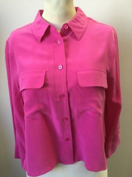EQUIPMENT, Pink, Silk, Solid, Collar Attached, Button Front, 3/4 Sleeves, Pocket Flaps