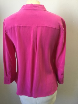 EQUIPMENT, Pink, Silk, Solid, Collar Attached, Button Front, 3/4 Sleeves, Pocket Flaps