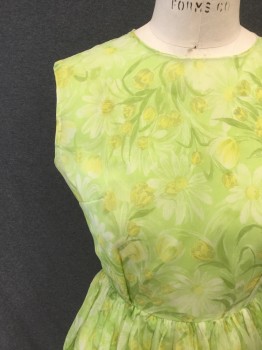 N/L, Mint Green, Yellow, Green, Polyester, Cotton, Floral, Floral Polyester Chiffon Over Solid Mint Cotton Polyester, Sleeveless, Scoop Neck, Gathered Waistband, Zip Back