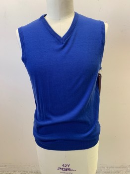 Mens, Sweater Vest, OCEAN BLUE, Royal Blue, Acrylic, Solid, L, V-neck, Pullover,