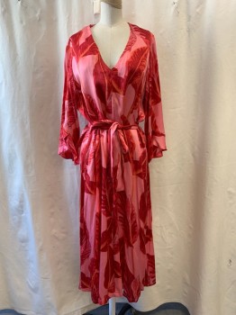 Womens, Dress, Long & 3/4 Sleeve, JUST ANTHROPOLOGI, Pink, Red, Orange, Viscose, Leaves/Vines , S, 2pc with Matching Belt, Satin Finish, V-neck, Pullover, Ankle Length