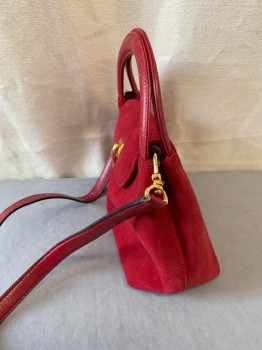 Womens, Purse, ST. JOHN'S , Red Burgundy, Suede, Leather, Gold Metal Hardware, Flap & Button Closure, Rounded Handle & Removable Cross Body Strap