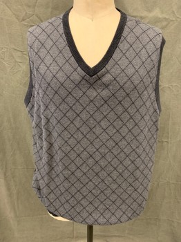 OAK HILL, Charcoal Gray, Lt Gray, Cotton, Diamonds, Diamond Grid with Light Gray Mini Grid Inside, Charcoal Ribbed Knit V-neck/Armholes/Waistband, Solid Charcoal Back