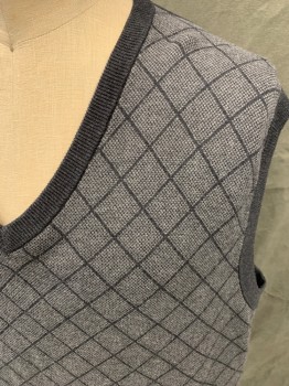 Mens, Sweater Vest, OAK HILL, Charcoal Gray, Lt Gray, Cotton, Diamonds, 2XL, Diamond Grid with Light Gray Mini Grid Inside, Charcoal Ribbed Knit V-neck/Armholes/Waistband, Solid Charcoal Back