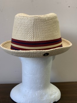 PETER GRIMM, Ivory White, Red Burgundy, Navy Blue, Paper, Straw-like, Burgundy Grosgrain Hat Band with Ivory and 2 Navy Stripes, Odd Grommet Off Center Back,