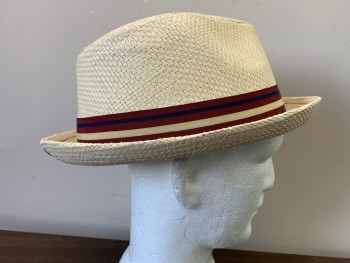 Mens, Fedora, PETER GRIMM, Ivory White, Red Burgundy, Navy Blue, Paper, 7 5/8, XXL, Straw-like, Burgundy Grosgrain Hat Band with Ivory and 2 Navy Stripes, Odd Grommet Off Center Back,