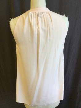 THEORY, Peach Orange, Silk, Solid, V-neck, with Gathered 1" Seam Crew Neck Short Frayed Hem with Self Attached Thin Neck Tie, Sleeveless, Flare & Curved Hem, Side Split