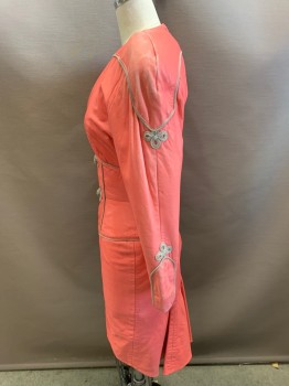 MICHAEL HOBAN, Coral Pink, Taupe, Leather, Rayon, Solid, Leather, V-neck, Long Sleeves, Rounded Shoulders with Padding, Rope Trim, Zip Back, Back Hem Flounce, Some Shoulder Burn