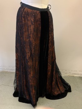 MTO, Burnt Orange, Dk Brown, Black, Silk, Nylon, Floral, Asymmetrical Skirt, Silk with Chantilly Lace Over and Velvet Details, Peek-a-boo Cording and Jet Beads on Left Side Hem, Center Back Snaps with Hook & Bar