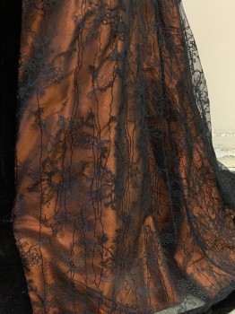 MTO, Burnt Orange, Dk Brown, Black, Silk, Nylon, Floral, Asymmetrical Skirt, Silk with Chantilly Lace Over and Velvet Details, Peek-a-boo Cording and Jet Beads on Left Side Hem, Center Back Snaps with Hook & Bar