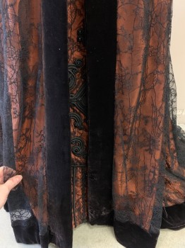 Womens, Historical Fiction Skirt, MTO, Burnt Orange, Dk Brown, Black, Silk, Nylon, Floral, W 28, Asymmetrical Skirt, Silk with Chantilly Lace Over and Velvet Details, Peek-a-boo Cording and Jet Beads on Left Side Hem, Center Back Snaps with Hook & Bar