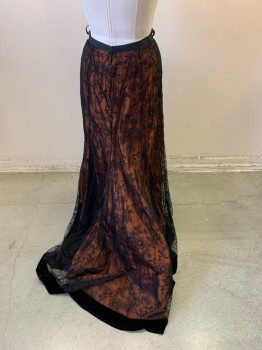 Womens, Historical Fiction Skirt, MTO, Burnt Orange, Dk Brown, Black, Silk, Nylon, Floral, W 28, Asymmetrical Skirt, Silk with Chantilly Lace Over and Velvet Details, Peek-a-boo Cording and Jet Beads on Left Side Hem, Center Back Snaps with Hook & Bar