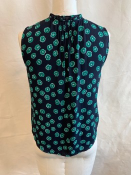 Womens, Blouse, WHISTLES, Black, Kelly Green, White, Polyester, Floral, Abstract , 4, V-neck, Button Front, Sleeveless, Ruffled Neckline and Down Front, Pleated Back