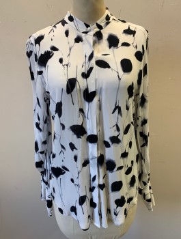 Womens, Blouse, EQUIPMENT, White, Black, Viscose, Floral, XS, Silhouettes of Flowers Pattern, Chiffon, Long Sleeves, Button Front, Band Collar, 5 Button Cuffs