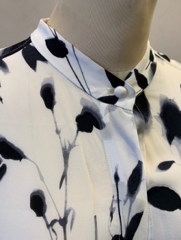 Womens, Blouse, EQUIPMENT, White, Black, Viscose, Floral, XS, Silhouettes of Flowers Pattern, Chiffon, Long Sleeves, Button Front, Band Collar, 5 Button Cuffs