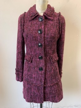Womens, Coat, BCBG, Hot Pink, Red Burgundy, Black, Wool, Tweed, S, Collar Attached, Single Breasted, Button Front, Loose Thread Trim on Collar, Shoulders, & Pocket, 3 Pockets, Single Back Vent, Rectangle Panel at Back with Buttons