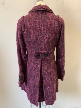 BCBG, Hot Pink, Red Burgundy, Black, Wool, Tweed, Collar Attached, Single Breasted, Button Front, Loose Thread Trim on Collar, Shoulders, & Pocket, 3 Pockets, Single Back Vent, Rectangle Panel at Back with Buttons