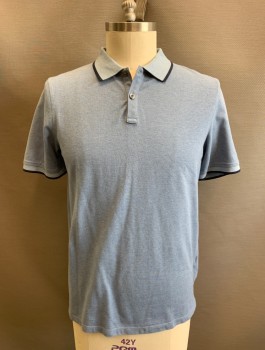 BANANA REPUBLIC, Lt Blue, Cotton, Lycra, Solid, Heathered, 2 Button Placket, Short Sleeves, Navy Trim at Cuff and Collar, Pique Collar