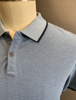 BANANA REPUBLIC, Lt Blue, Cotton, Lycra, Solid, Heathered, 2 Button Placket, Short Sleeves, Navy Trim at Cuff and Collar, Pique Collar
