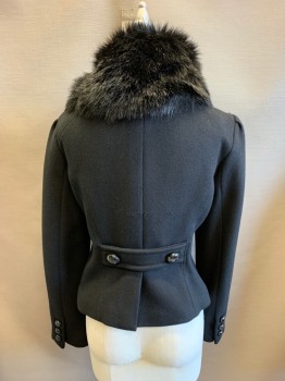 BEBE, Black, Acrylic, Polyester, Removable Black Faux Fur Collar, Double Breasted, Button Front, 2 Pockets, Belted Back