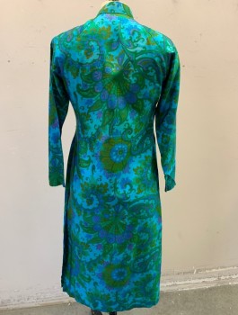 N/L, Turquoise Blue, Blue, Green, Purple, Silk, Floral, 3/4 Raglan Sleeves with Snap Closures at Shoulder, Indian Inspired Tunic Dress, Nehru Collar, Slits at Side Seams Up to Waist, **Stain on Chest