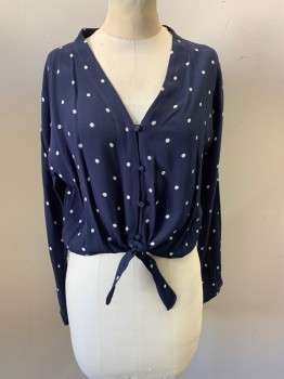 Womens, Blouse, RAILS, Navy Blue, White, Rayon, Polka Dots, XS, V-neck, Button Front, Cropped, Self Tie, Long Sleeves,
