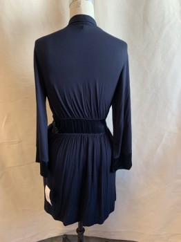 Womens, Dress, Long & 3/4 Sleeve, MIDNIGHT, Navy Blue, Modal, Spandex, Solid, S, Wrap Style, V-neck, Long Sleeves, Navy Satin Ties Attached on Left Waist, Ties Attached on the Inside of Right Waist, 1 Button on Left Side Waist, 2 Pockets