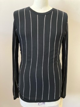 ARMANI, Black, Off White, Viscose, Stripes - Vertical , CN, L/S, Pullover, Knit