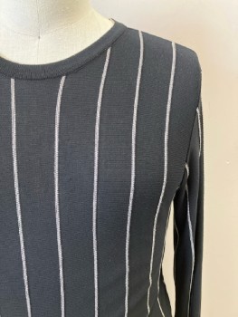 ARMANI, Black, Off White, Viscose, Stripes - Vertical , CN, L/S, Pullover, Knit