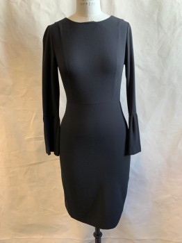 Womens, Dress, Long & 3/4 Sleeve, MASSIMO DUTTI, Black, Rayon, Solid, S, Crepe, Scoop Neck, Waist Seam, Long Sleeves, Gathered Bell Cuffs, Back Zip