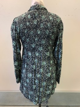 Womens, Dress, Long & 3/4 Sleeve, ULTRA PINK, Black, Sea Foam Green, Teal Blue, Rayon, Floral, B36, L/S, C.A., 6 Buttons, Scrunched Chest & Waist, Open Front