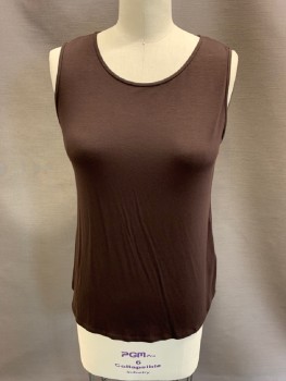 Womens, Shell, EILEEN FISHER, Dk Brown, Viscose, Spandex, Solid, PETITE, S, Lightweight Jersey Knit, Pullover, Jewel Neck, Slvls