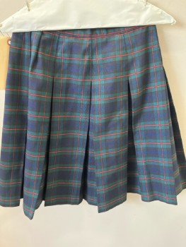 DENNIS, Forest Green, Navy Blue, Red, Wool, Polyester, Plaid, Side Zip, Drop Pleated, Knee Length, Back Elastic Waist