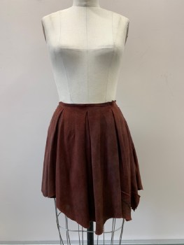 NO LABEL, Burnt Umber Brn, Brick Red, Suede, Polyester, Patchwork, Above Knee Length Skirt, Pleated, Stitch Detail, Back Zip, Made To Order