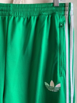 Mens, Sweatsuit Pants, ADIDAS, Kelly Green, White, Polyester, Solid, Stripes, Elastic Waistband, 2 Zip Pockets, Zip Up Hems