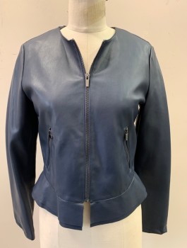 Womens, Casual Jacket, ZARA, Navy Blue, Faux Leather, Solid, S, Zip Front, Round Neck, 2 Zip Pockets, Peplum, Navy Lining