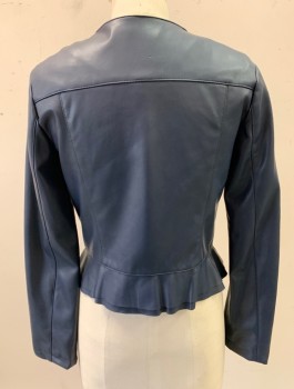 Womens, Casual Jacket, ZARA, Navy Blue, Faux Leather, Solid, S, Zip Front, Round Neck, 2 Zip Pockets, Peplum, Navy Lining