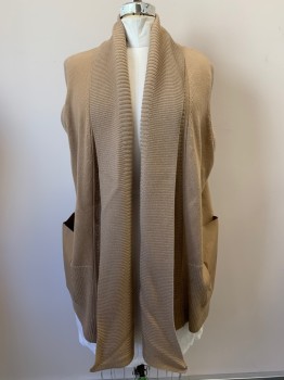 Womens, Sweater, LA FAYETTE, Khaki Brown, Wool, Cable Knit, 1X, Sleeveless Shawl Collar, Leather Pockets, Open Front