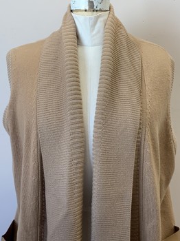 Womens, Cardigan Sweater, LA FAYETTE, Khaki Brown, Wool, Cable Knit, 1X, Sleeveless Shawl Collar, Leather Pockets, Open Front