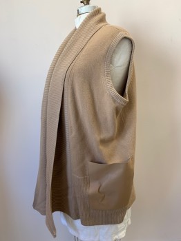 Womens, Sweater, LA FAYETTE, Khaki Brown, Wool, Cable Knit, 1X, Sleeveless Shawl Collar, Leather Pockets, Open Front