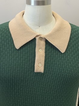 Mens, Pullover Sweater, COLLECTIF, Green, Beige, Cotton, Color Blocking, L, L/S, C.A., 3 Buttons, Knit