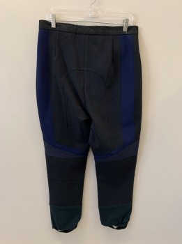 Mens, Sci-Fi/Fantasy Pants, MTO, Dk Blue, Black, Synthetic, Color Blocking, Textured Fabric, 33/27, Zip Fly, Stirrup Style, Rectangular Textured Shapes On Knees
