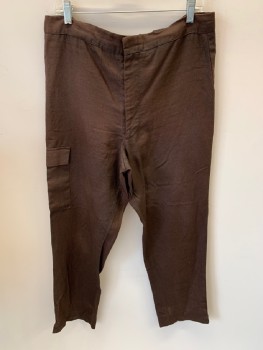 Mens, Sci-Fi/Fantasy Pants, N/L, Chocolate Brown, Linen, Solid, 28.5, 36, Right Side Cargo Pocket , Black Elastic  Suspenders  Attached, Side Slit On Side Of Hem