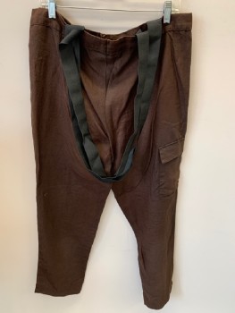N/L, Chocolate Brown, Linen, Solid, Right Side Cargo Pocket , Black Elastic  Suspenders  Attached, Side Slit On Side Of Hem